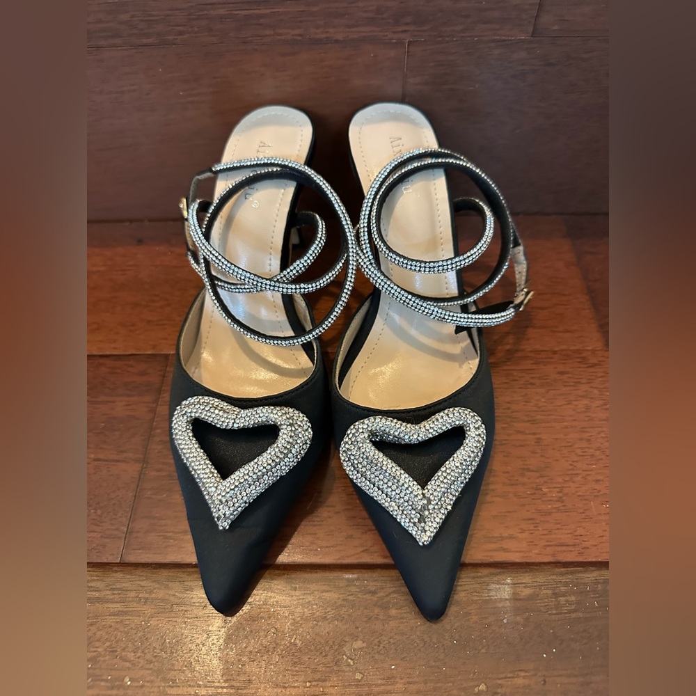 Black Satin Heels with Embellished Heart